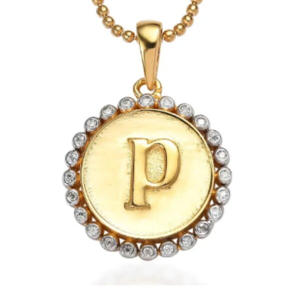 Moissanite Medallion Coin Initial P Pendant Necklace - Picture 1 of 4